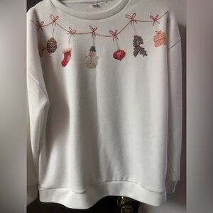Festive White Sweater with Holiday Embroidery